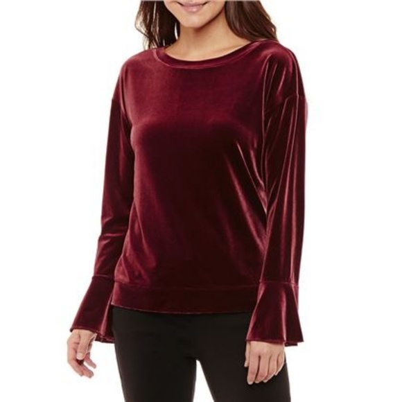 Worthington Tops - Worthington Long Bell Sleeve Velvet Sweatshirt